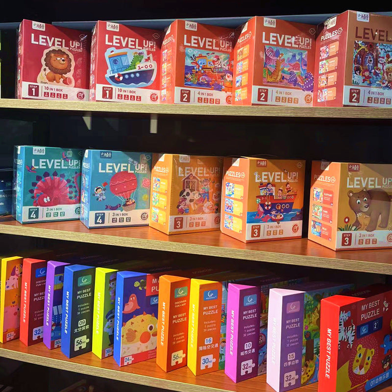Colourful Level Up progressive jigsaw puzzle series boxes