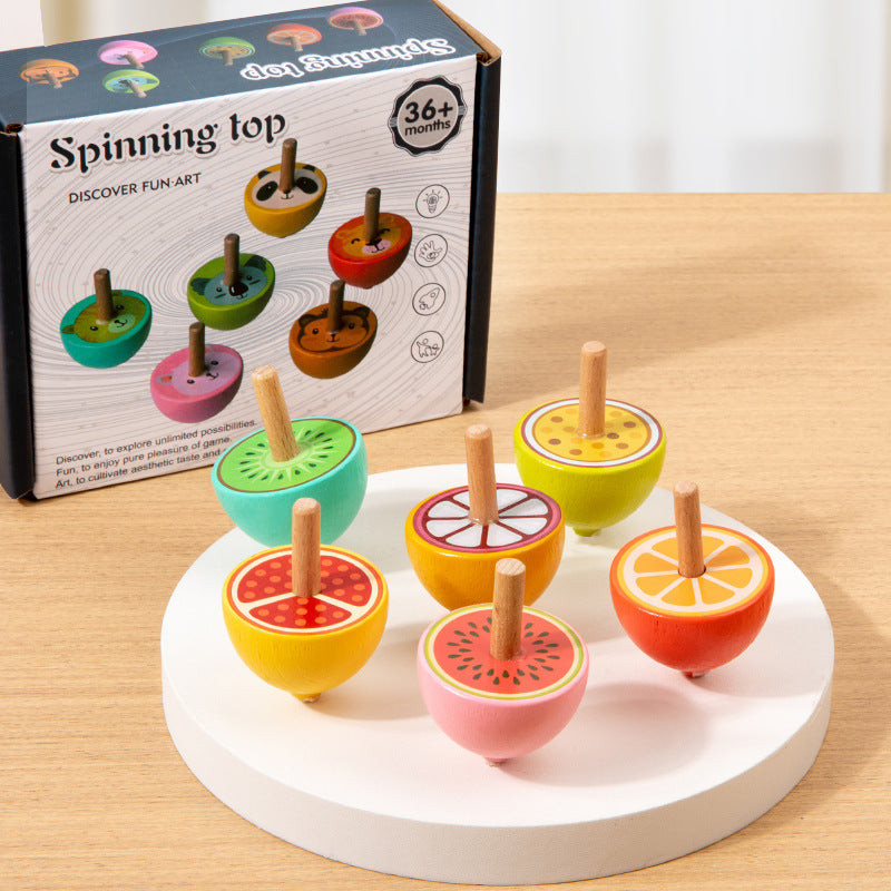Wooden fruit and animal spinning top set design and packaging photo 5