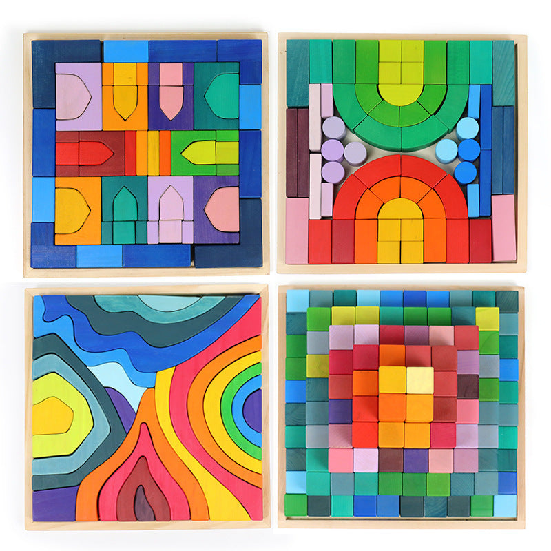 Rainbow wooden architectural construction and pattern mosaic blocks available in twelve designs