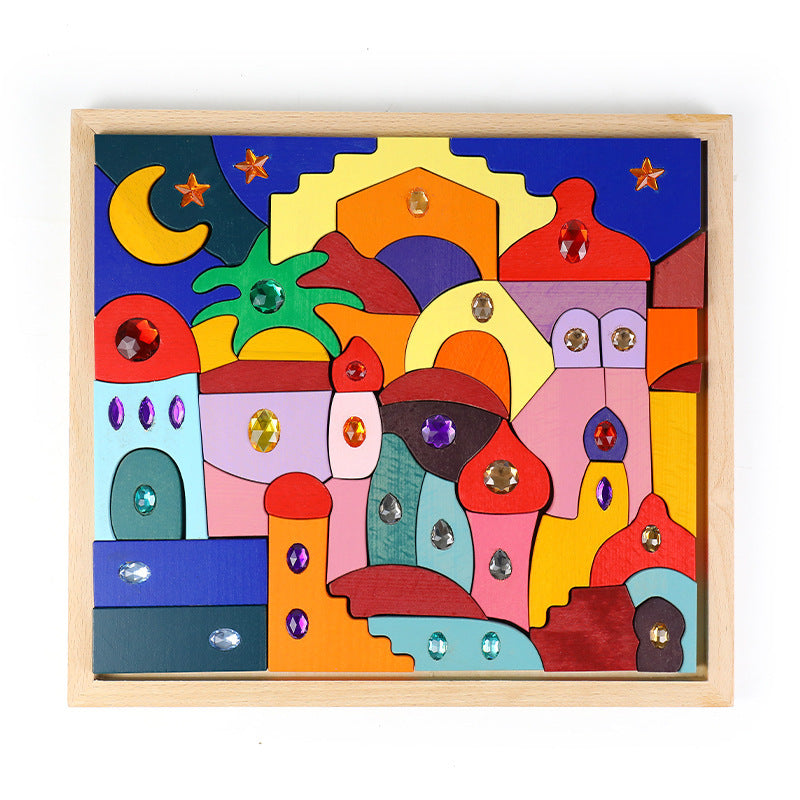 Kinmilo rainbow colored wooden construction blocks mosaic and geometric pattern design 9