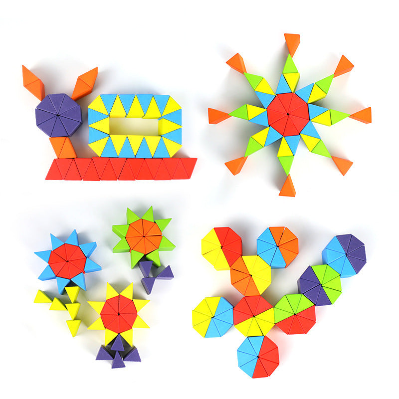 Kinmilo wooden colorful rainbow building blocks, geometric patterns and creative mosaic play detail 18
