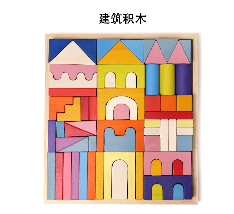Kinmilo wooden colorful rainbow building blocks, geometric patterns and creative mosaic play detail 24
