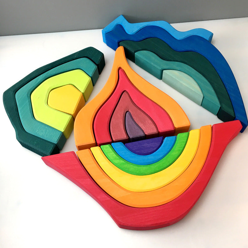 Kinmilo wooden colorful rainbow building blocks, geometric patterns and creative mosaic play detail 31