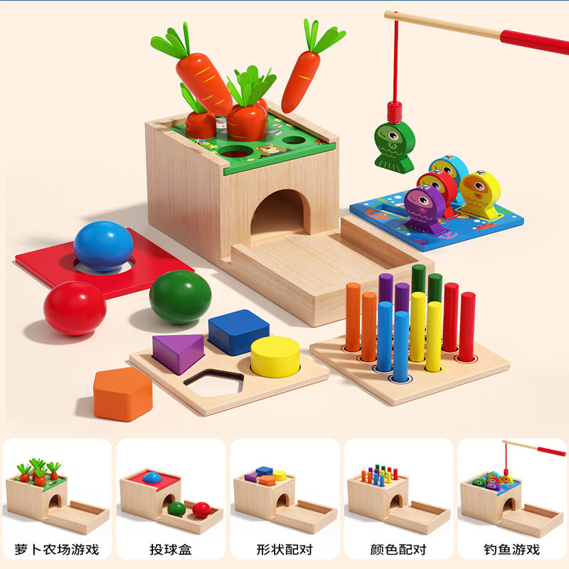 Five-in-one wooden educational activity box with magnetic fish, carrots, sorting shapes, colored pegs and balls