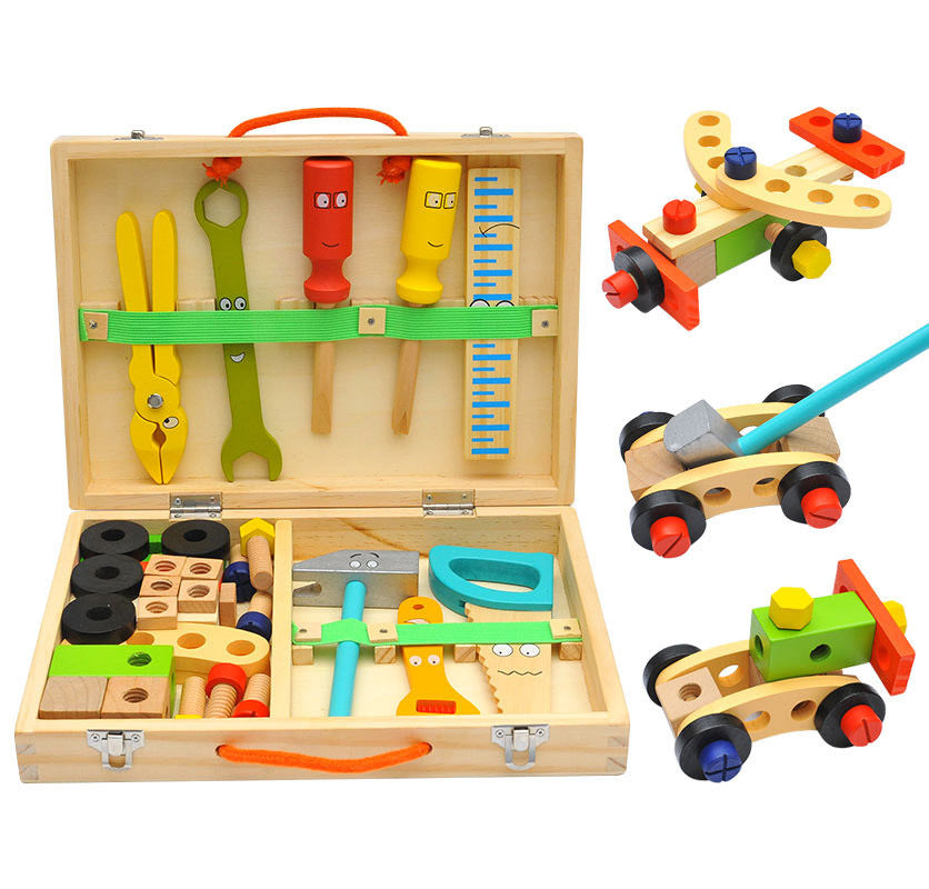Kinmilo wooden portable pretend tool set open toolbox with wooden saw, wrench, screws, nuts and building parts