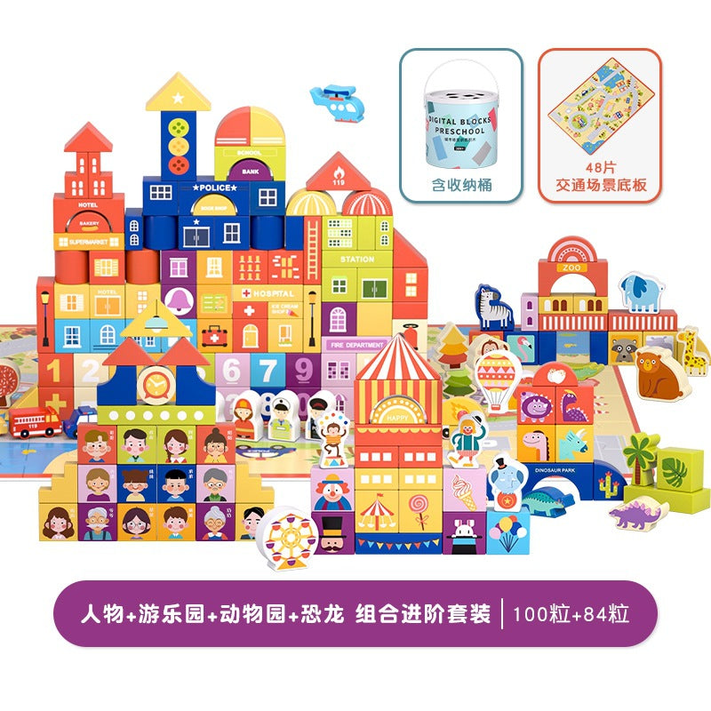 Wooden preschool city zoo and amusement park themed construction blocks detail image 4