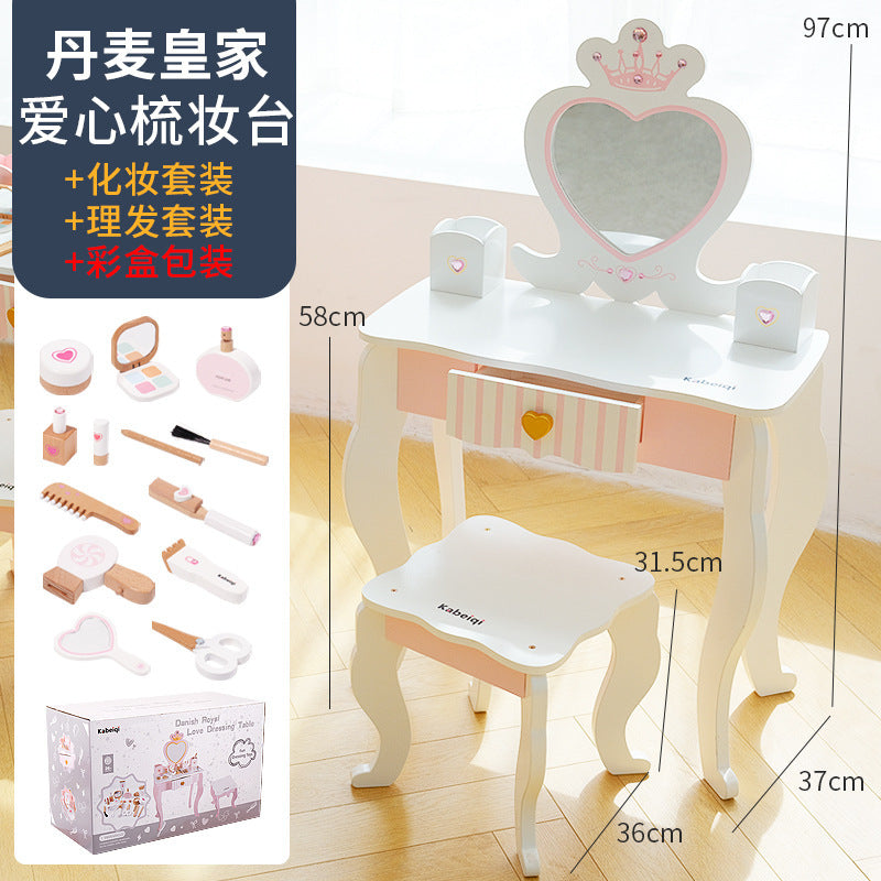 Kinmilo Wooden Princess Vanity Table, Heart Mirror & Pretend Makeup Bag – 2 Styles
