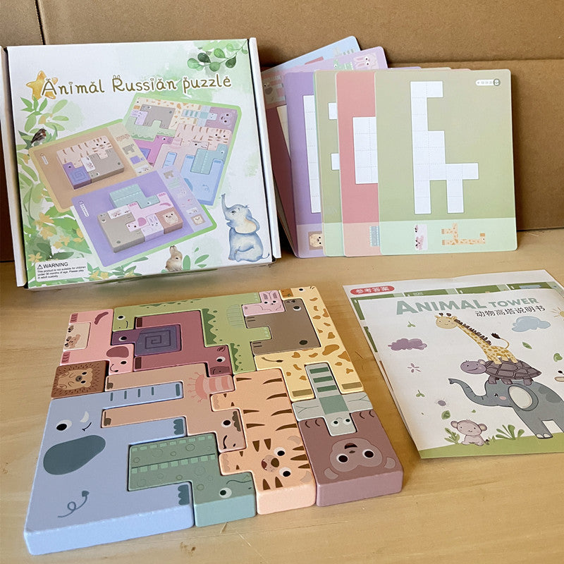 Montessori animal logic spatial wooden puzzle with cards