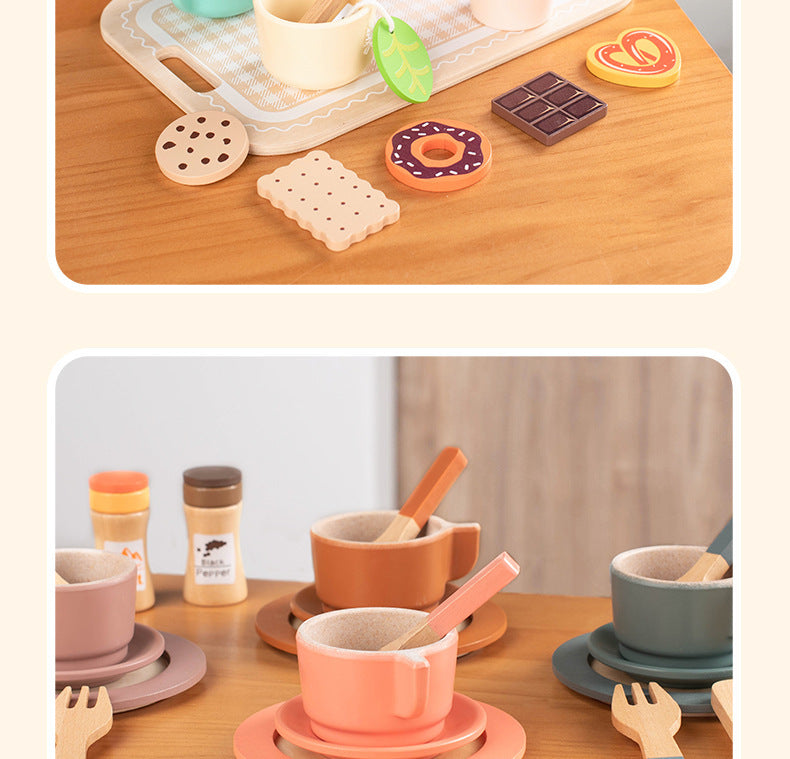 Kinmilo wooden pretend play kitchen dishes, cups, utensils and accessory details