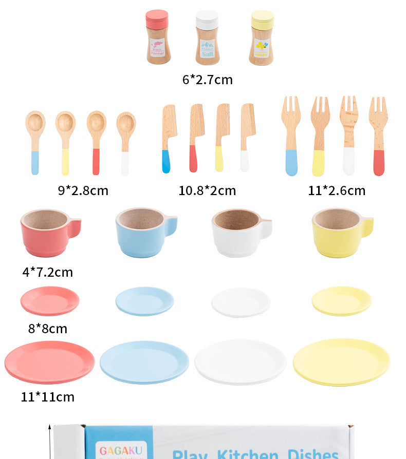 Kinmilo wooden pretend play kitchen dishes, cups, utensils and accessory details