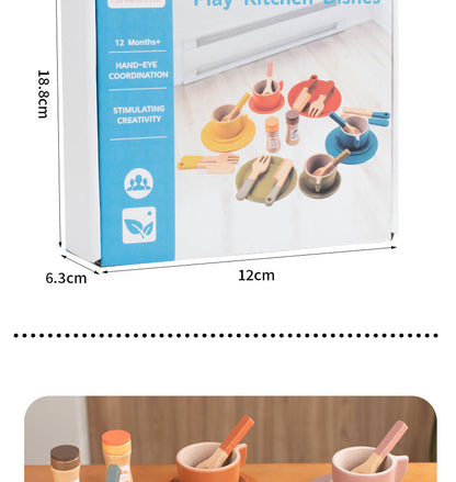Kinmilo wooden pretend play kitchen dishes, cups, utensils and accessory details