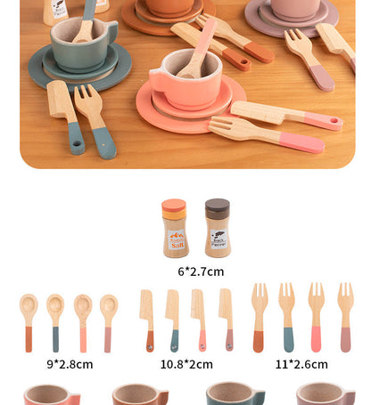 Kinmilo wooden pretend play kitchen dishes, cups, utensils and accessory details