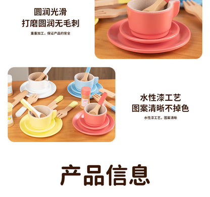 Kinmilo wooden pretend play kitchen dishes, cups, utensils and accessory details