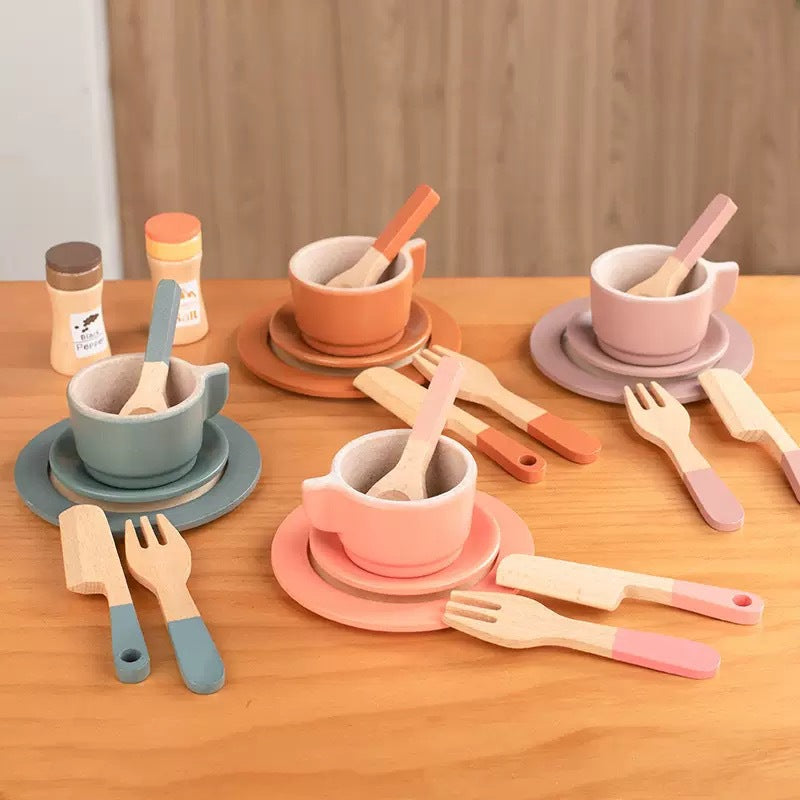 Kinmilo wooden pretend play kitchen dishes, cups, utensils and accessory details