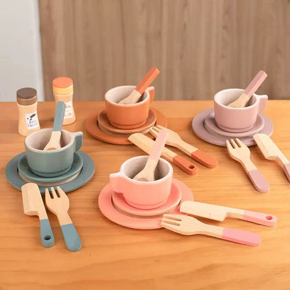 Kinmilo wooden pretend play kitchen dishes, cups, utensils and accessory details