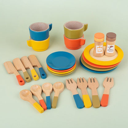 Kinmilo wooden pretend play kitchen dishes, cups, utensils and accessory details