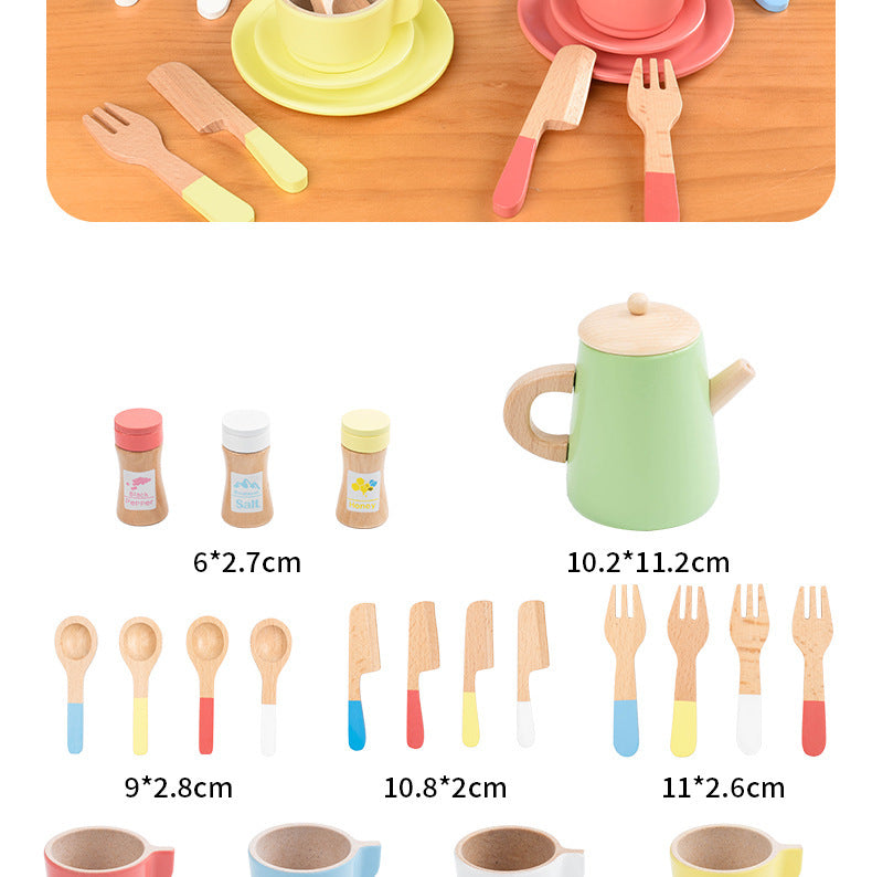 Kinmilo wooden pretend play kitchen dishes, cups, utensils and accessory details