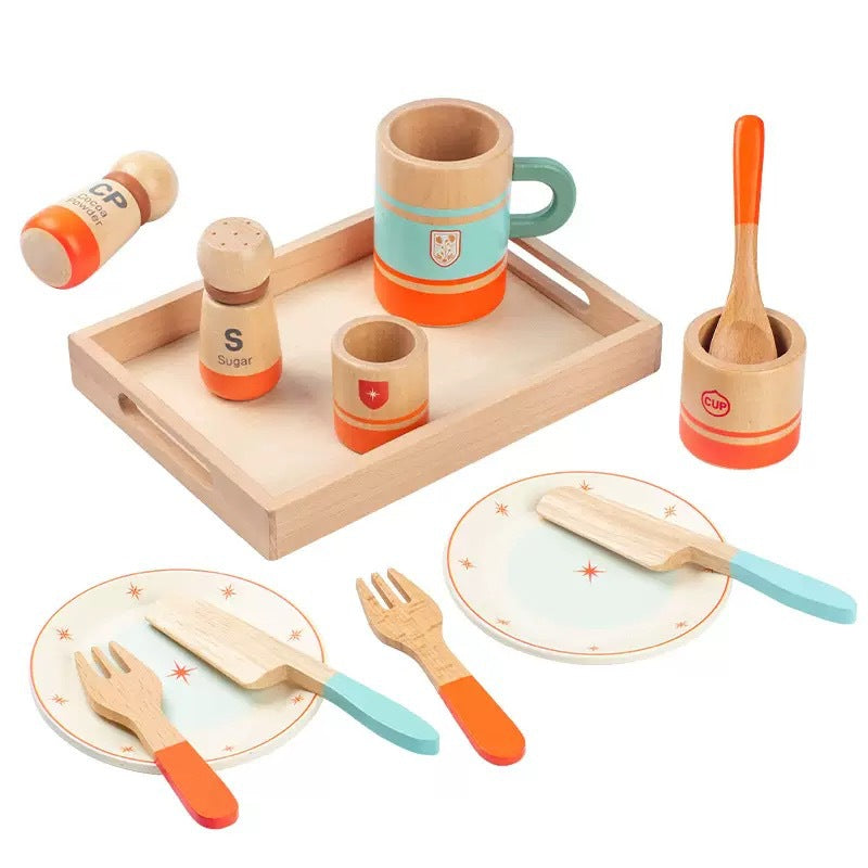 Kinmilo wooden pretend play kitchen dishes, cups, utensils and accessory details