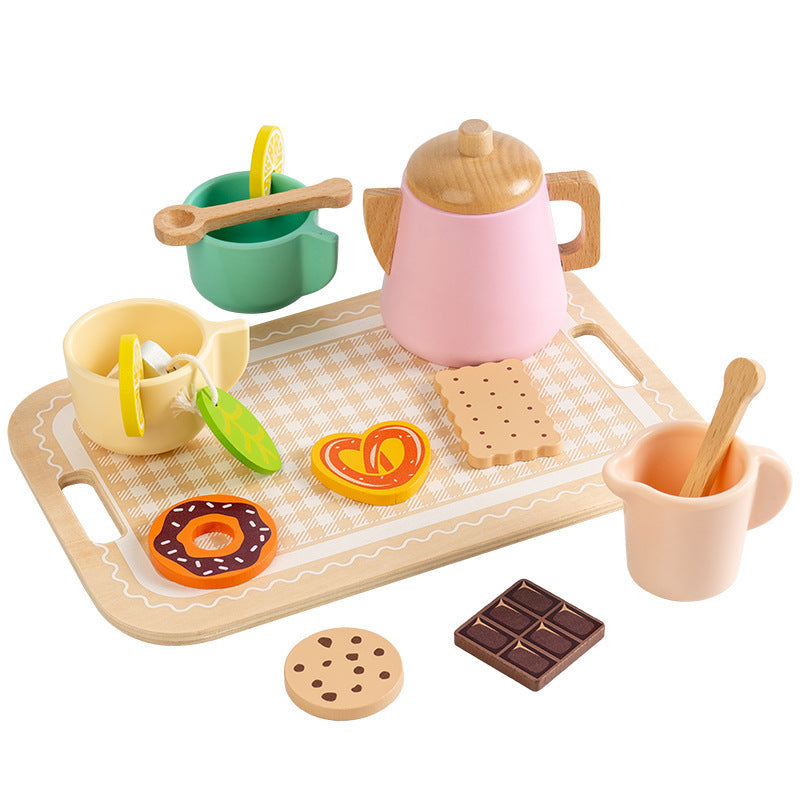 Kinmilo wooden afternoon tea set photo: product styling, accessory closeups and component sizes