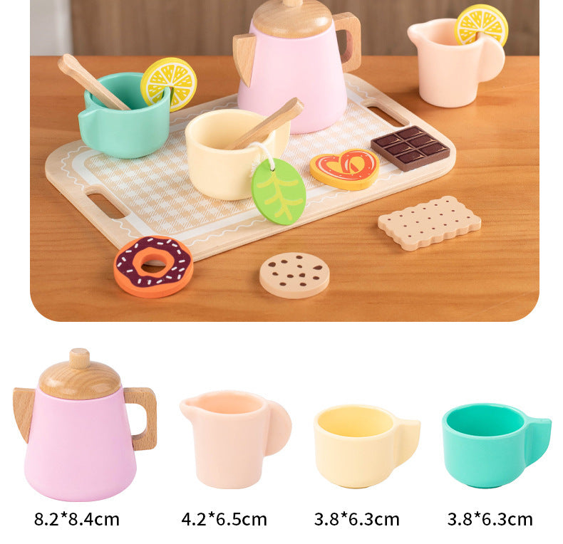 Kinmilo wooden afternoon tea set photo: product styling, accessory closeups and component sizes