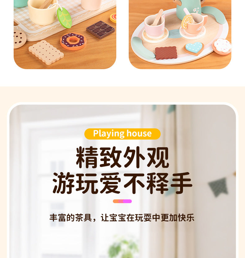 Kinmilo wooden afternoon tea set photo: product styling, accessory closeups and component sizes
