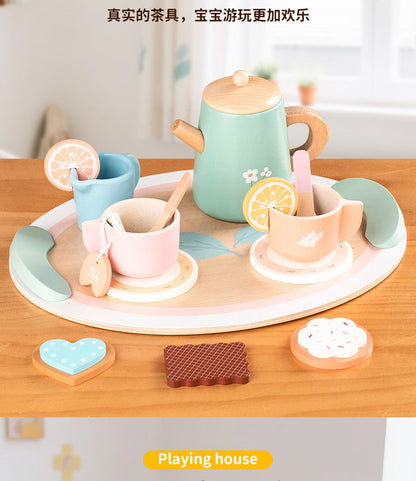 Kinmilo wooden afternoon tea set photo: product styling, accessory closeups and component sizes
