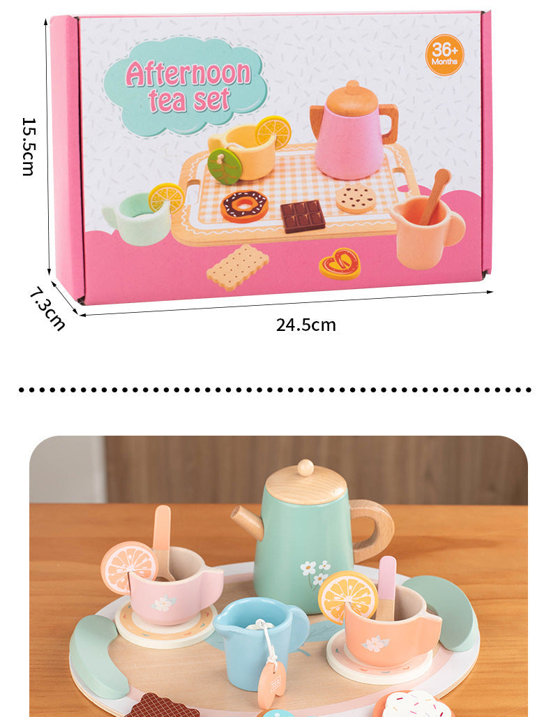 Kinmilo wooden afternoon tea set photo: product styling, accessory closeups and component sizes