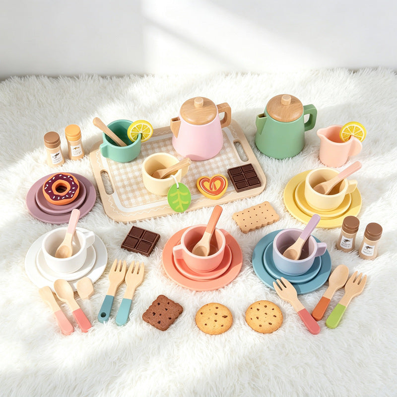 Kinmilo wooden afternoon tea set photo: product styling, accessory closeups and component sizes