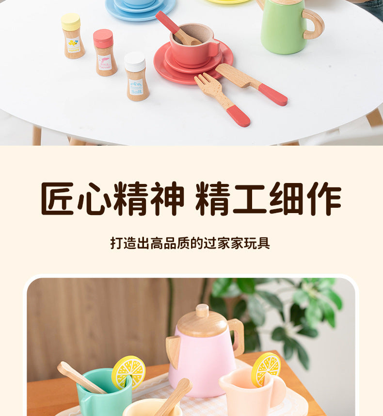 Kinmilo wooden afternoon tea set photo: product styling, accessory closeups and component sizes