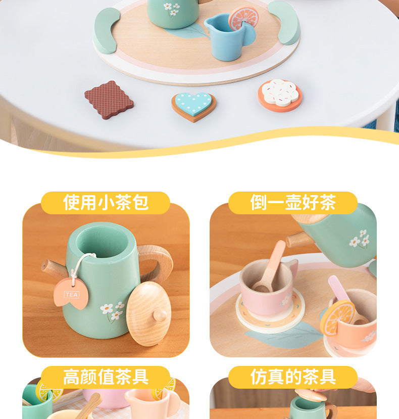 Kinmilo wooden afternoon tea set photo: product styling, accessory closeups and component sizes
