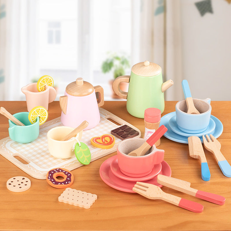 Kinmilo wooden afternoon tea set photo: product styling, accessory closeups and component sizes