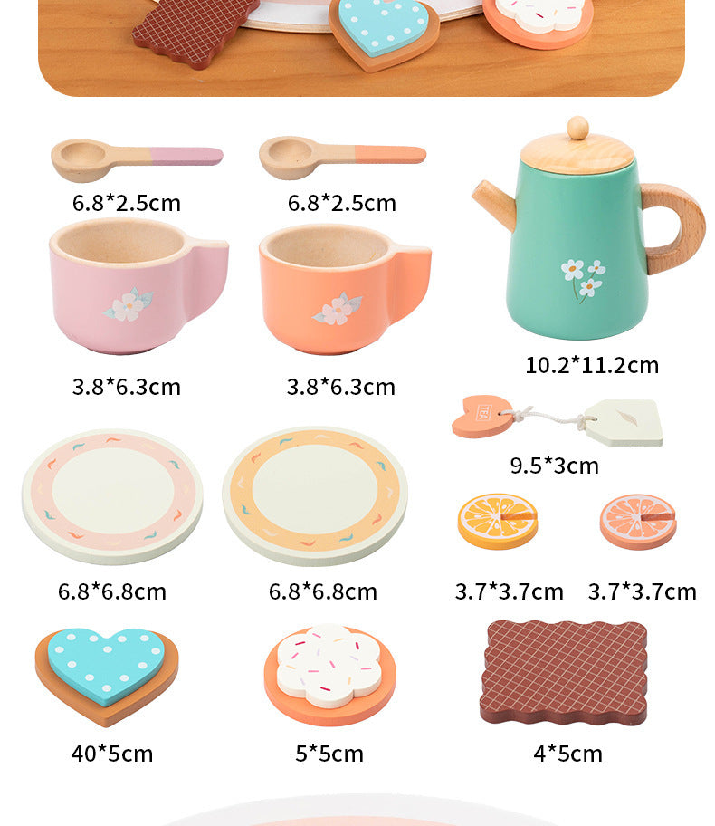 Kinmilo wooden afternoon tea set photo: product styling, accessory closeups and component sizes