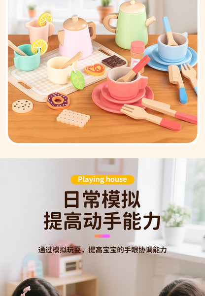 Kinmilo wooden afternoon tea set photo: product styling, accessory closeups and component sizes