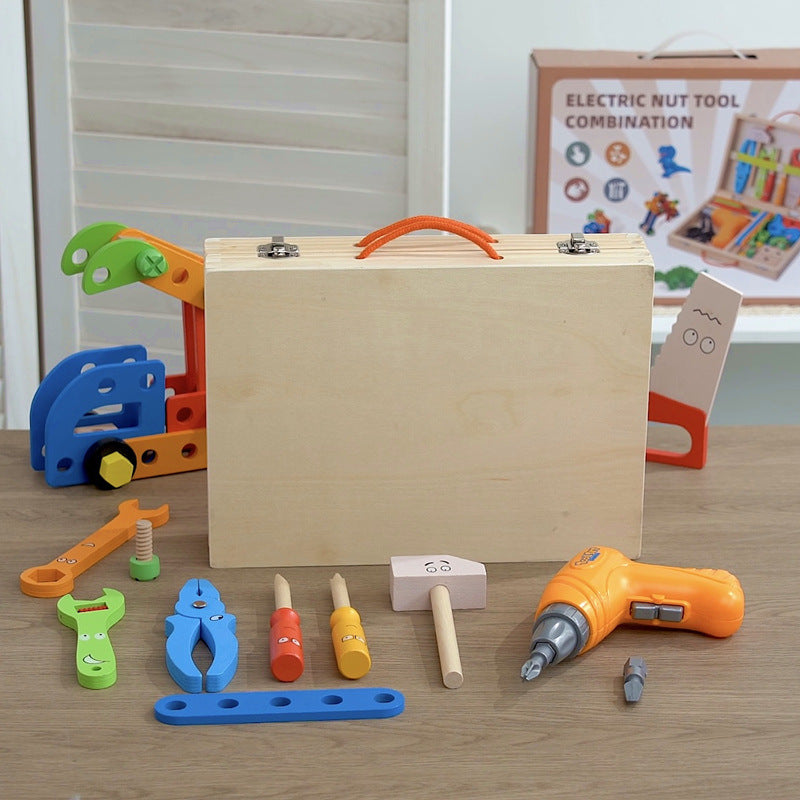 Dinosaur electric toy drill kit wooden tool box rear view