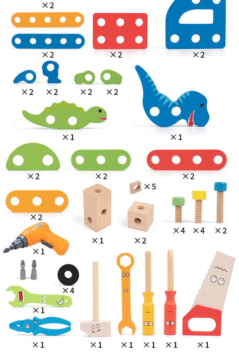 69-piece wooden toolkit contents laid out