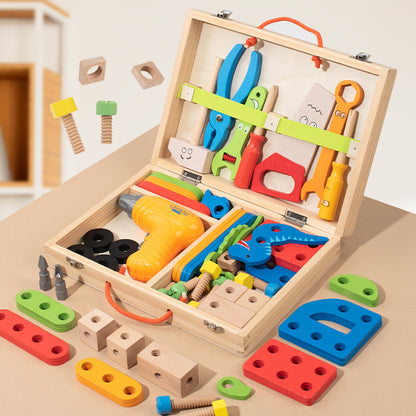 Wooden tools and toy drill in open storage case