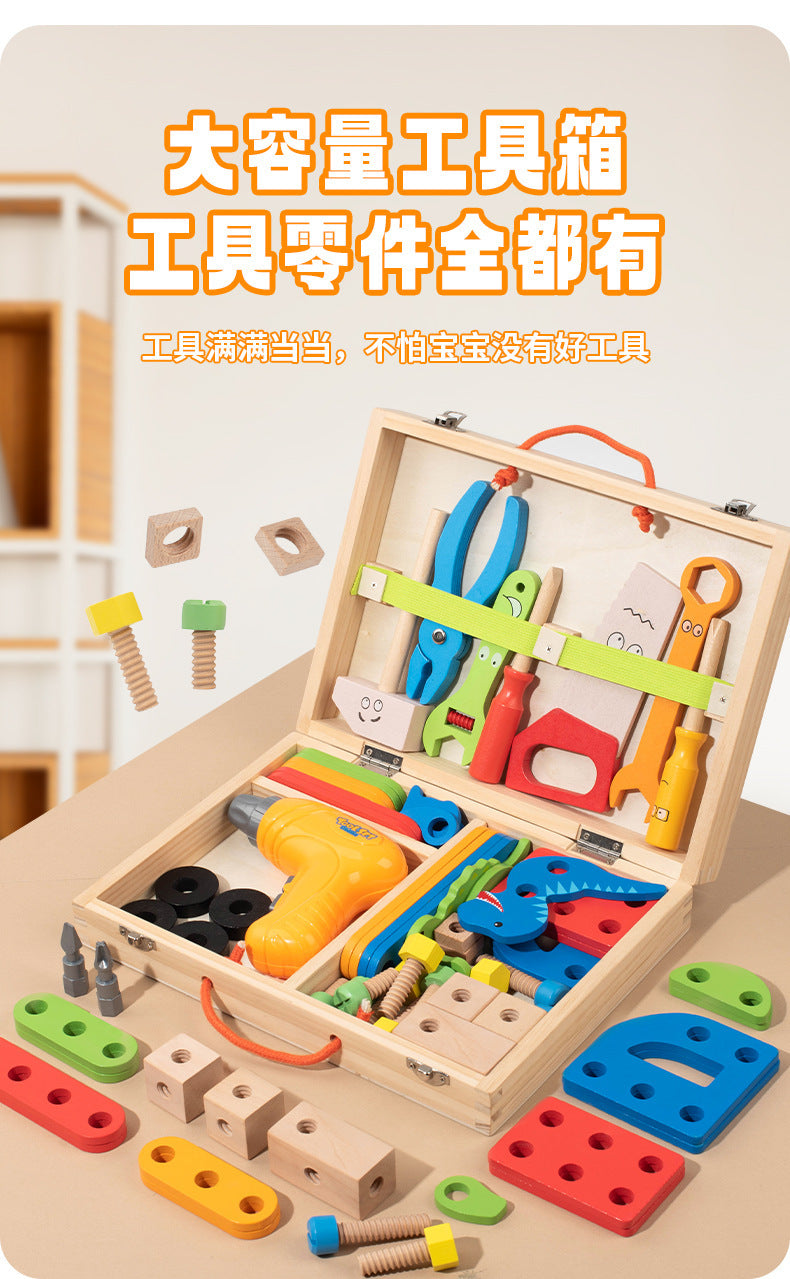 Open wooden pretend tool box with accessories
