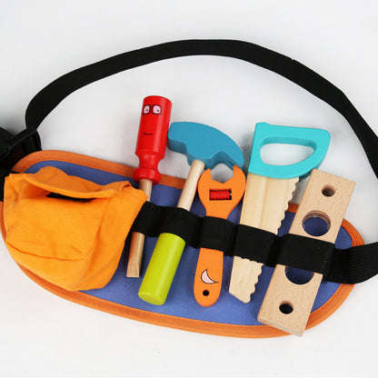 Toy tool belt pouch with pretend wrench hammer saw and screwdriver
