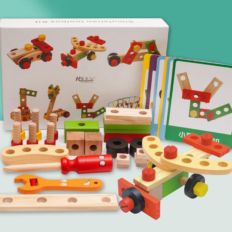 Wooden bolt and nut building set with vehicle models