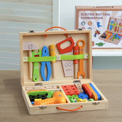 Portable wooden case toy drill building set upright