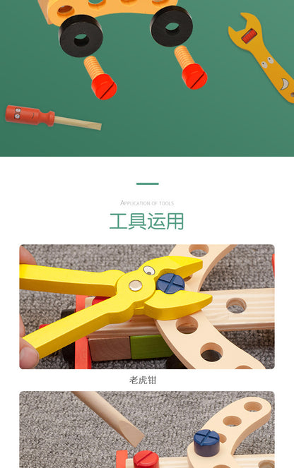Pretend hand tool children tightening nuts in wooden board