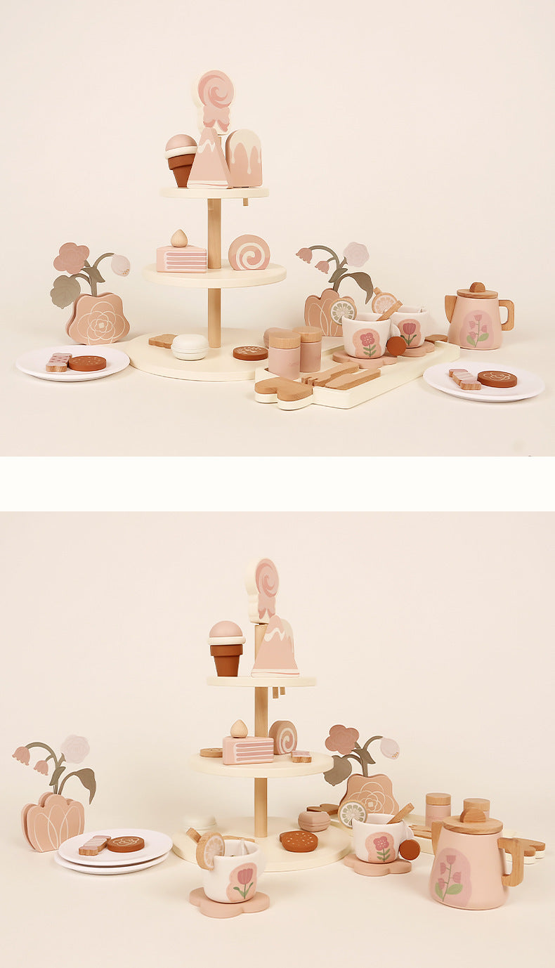 Kinmilo wooden afternoon tea dessert stand with pink floral tea cups cakes and pastries