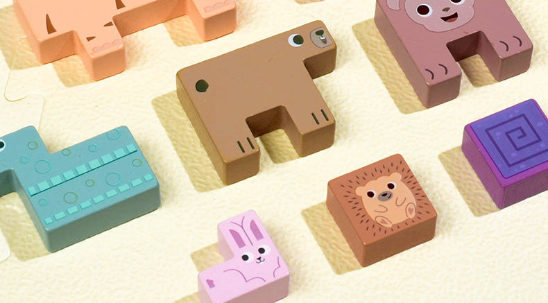Kinmilo wooden animal spatial logic puzzle design, dimensions and 16 challenge card details