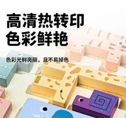 Kinmilo wooden animal spatial logic puzzle design, dimensions and 16 challenge card details