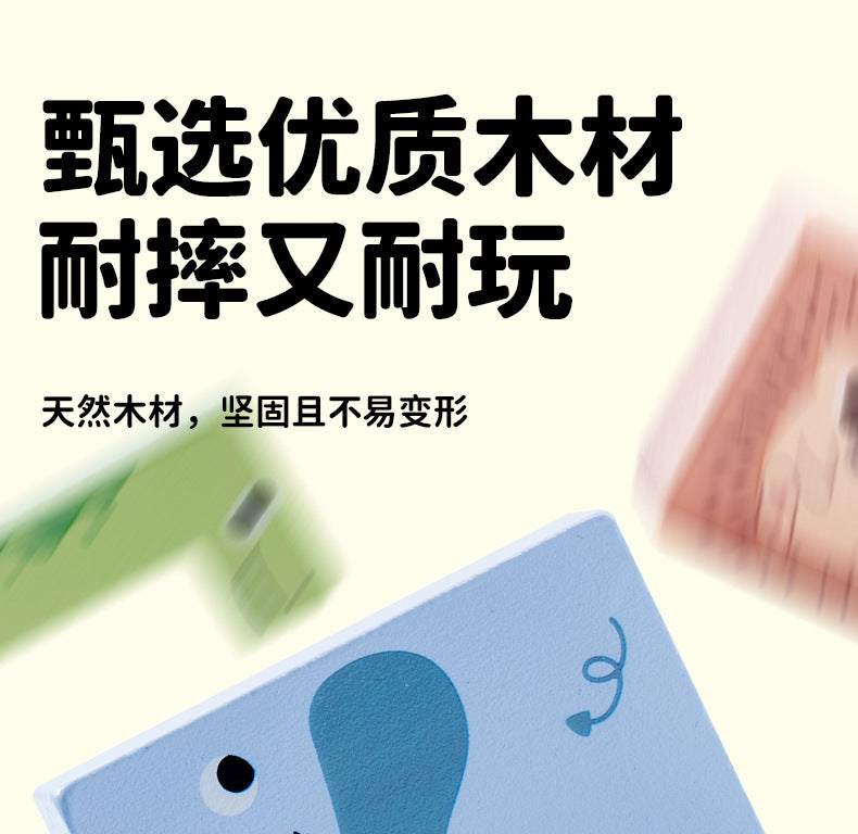 Kinmilo wooden animal spatial logic puzzle design, dimensions and 16 challenge card details
