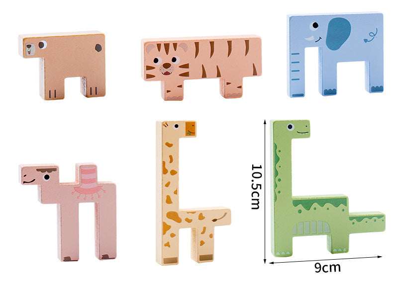 Kinmilo wooden animal spatial logic puzzle design, dimensions and 16 challenge card details