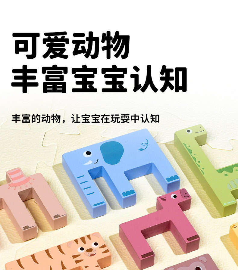 Kinmilo wooden animal spatial logic puzzle design, dimensions and 16 challenge card details