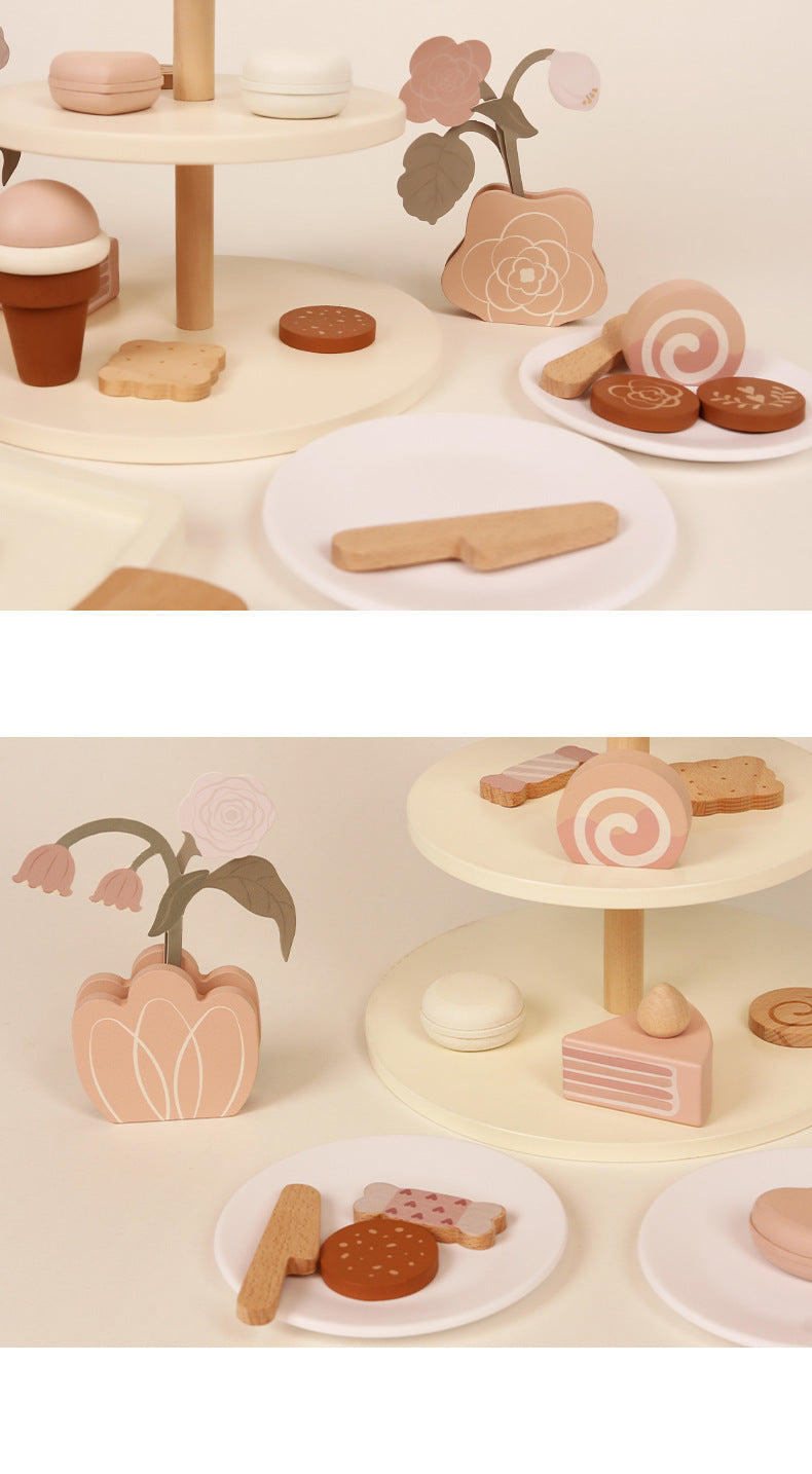 Kinmilo pastel wooden afternoon tea tiered cakes with pink wooden floral display details