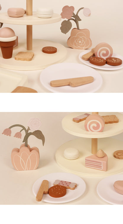Kinmilo pastel wooden afternoon tea tiered cakes with pink wooden floral display details