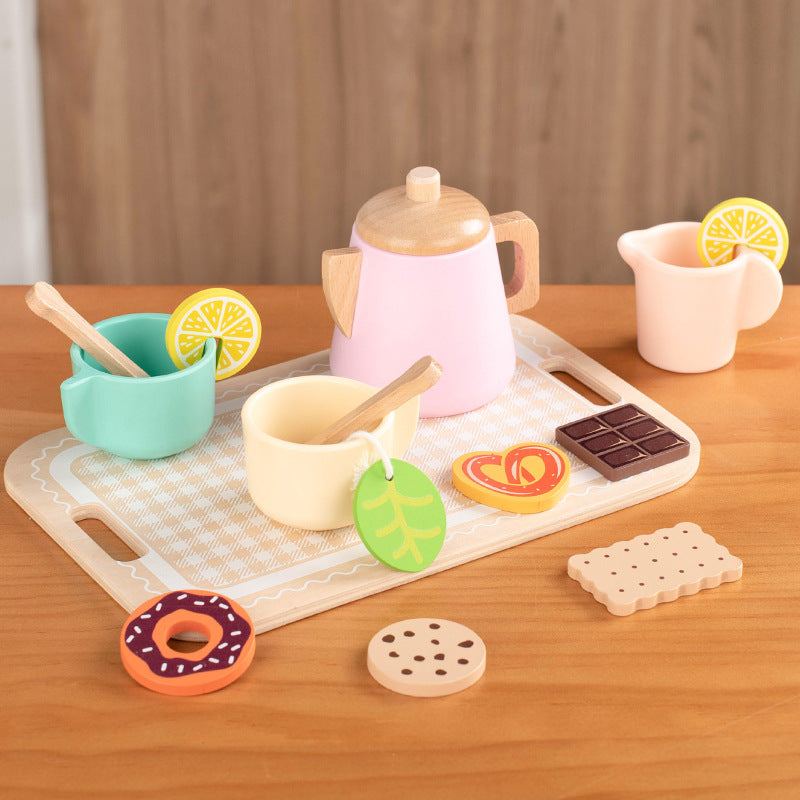Wooden afternoon tea party play set with pink teapot, cups, tray and pretend desserts